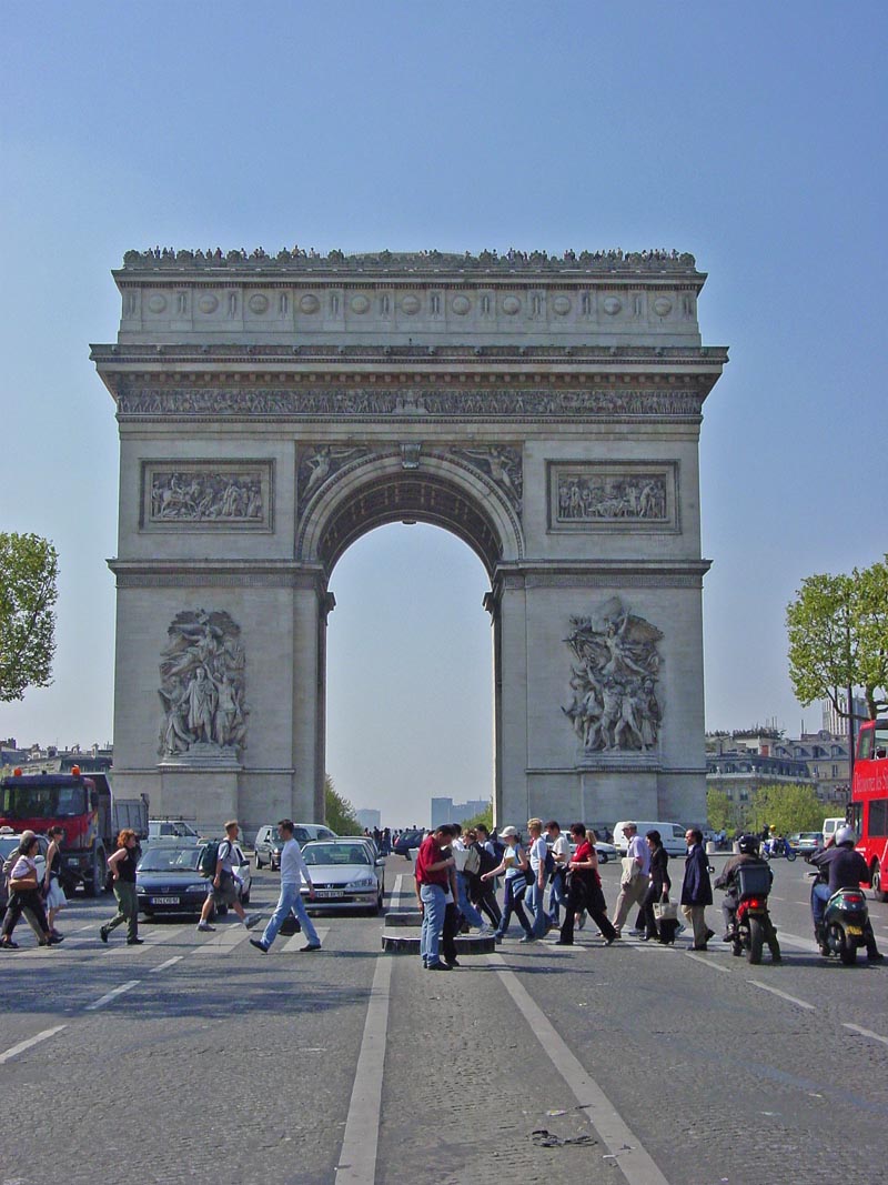 The Arc de Triomphe, photographed from the Champs-Elysees